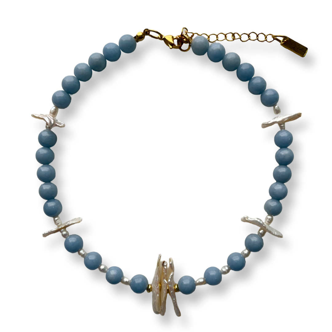 Light Blue handmade necklace with Anhydrite And fresh water pearls