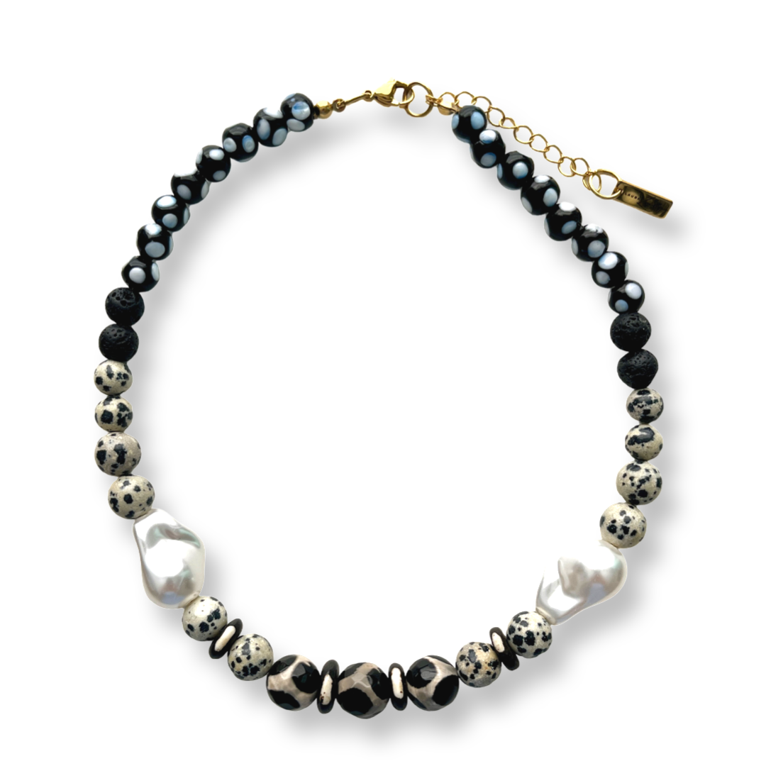 Black and white beaded handmade necklace with faux pearl