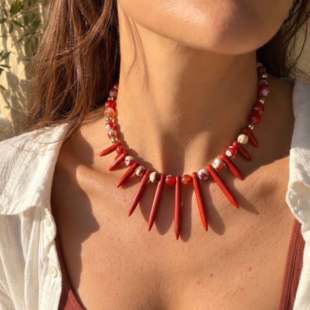 Spiky Paprika Handmade Necklace with Natural Gemstones