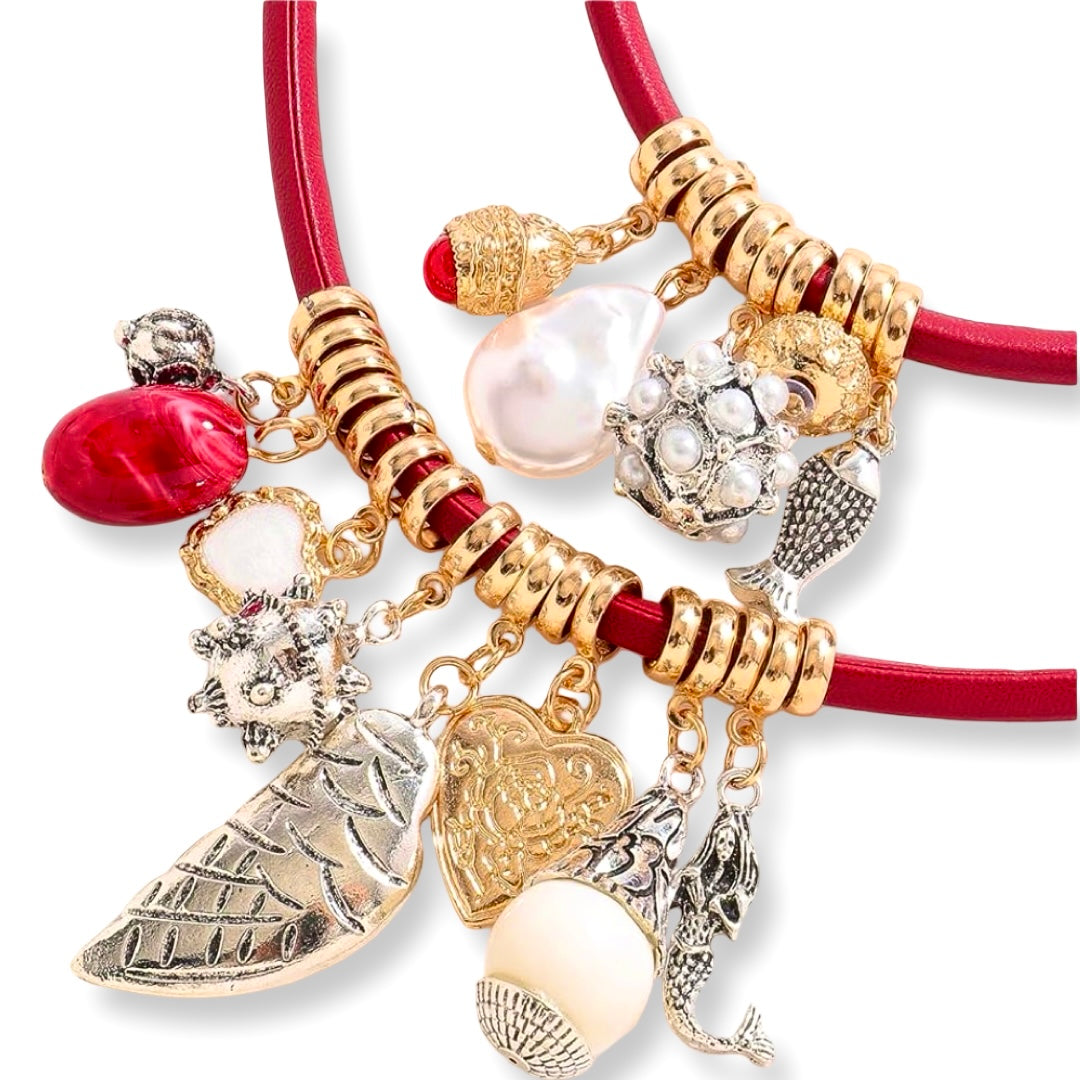 Red Faux Leather Cord Dangle Charm Necklace