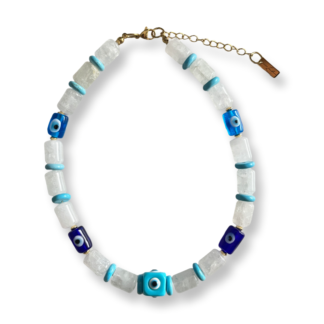 Evil eye quartz and turquoise handmade beaded necklace
