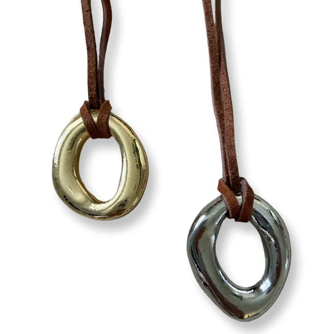 Gold and silver stainless steel faux leather cord pendant