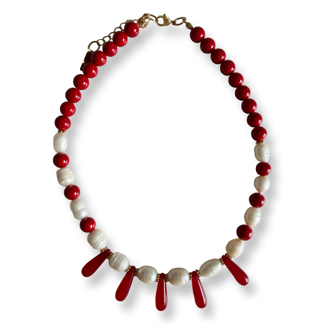 Red Agate and Freshwater Pearl Necklace