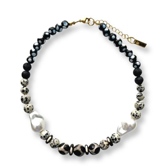 Black and white beaded handmade necklace with faux pearl
