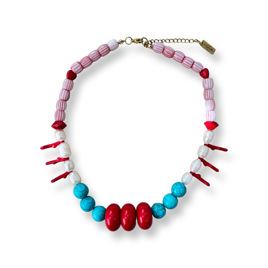 Red and blue handmade beaded bold necklace