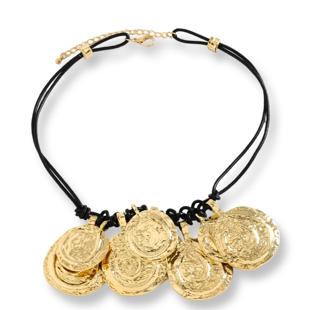 Faux leather adjustable coins necklace