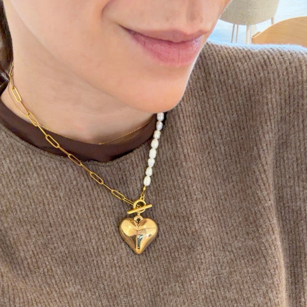 Stainless steel and Freshwater Pearl with heart Pendant