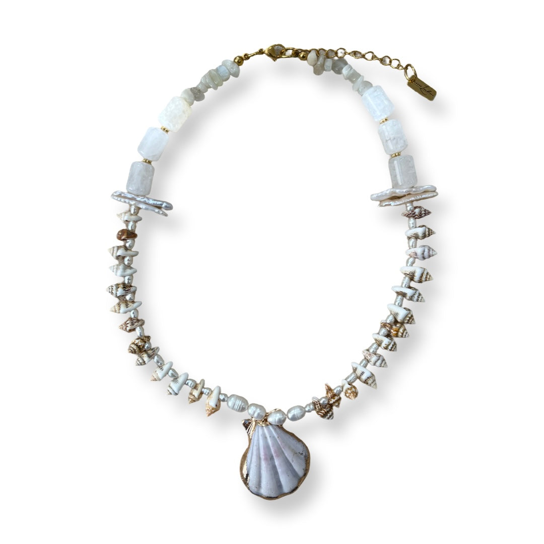White Shell pendant necklace with quartz and freshwater pearls