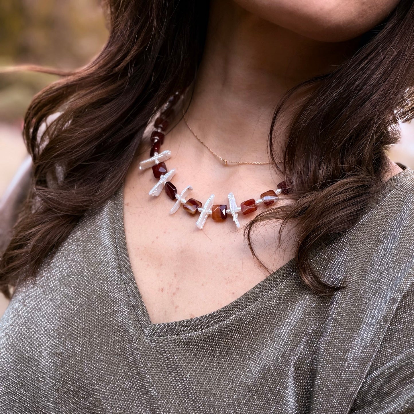 Carnelian and freshwater pearls Necklace