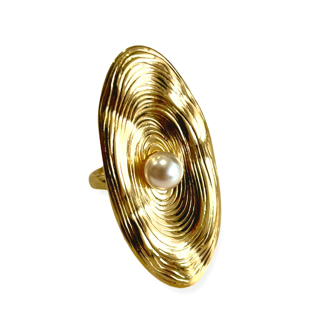 Stainless steel waterproof adjustable Pearl Leaf Ring