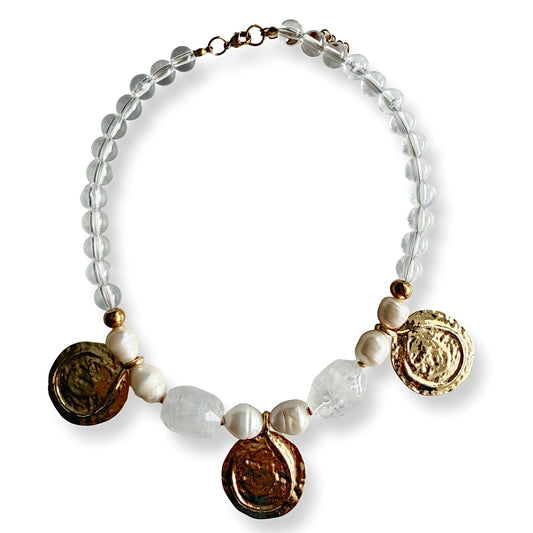 Quartz & Acrylic Coin Necklace with Freshwater Pearls – Statement Handmade Jewelry