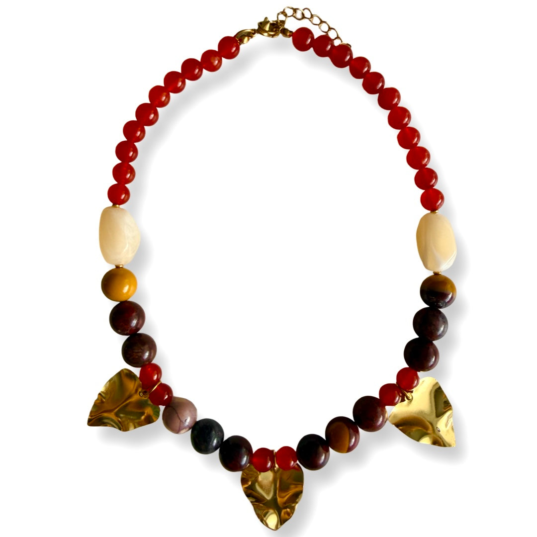 Mookaite & Carnelian Gold Leaf Charm Statement Necklace