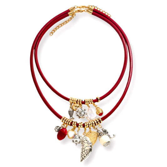 Red Faux Leather Cord Dangle Charm Necklace