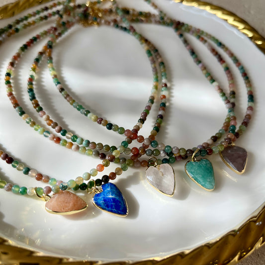 Agate necklace with quartz heart pendant
