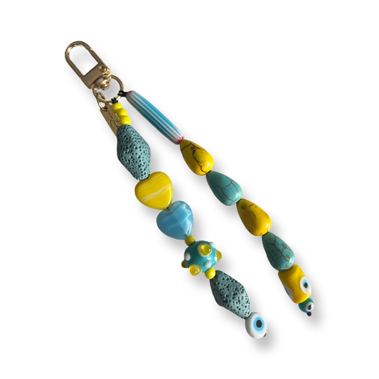 Yellow and turquoise beaded Bag Charm and Key chain