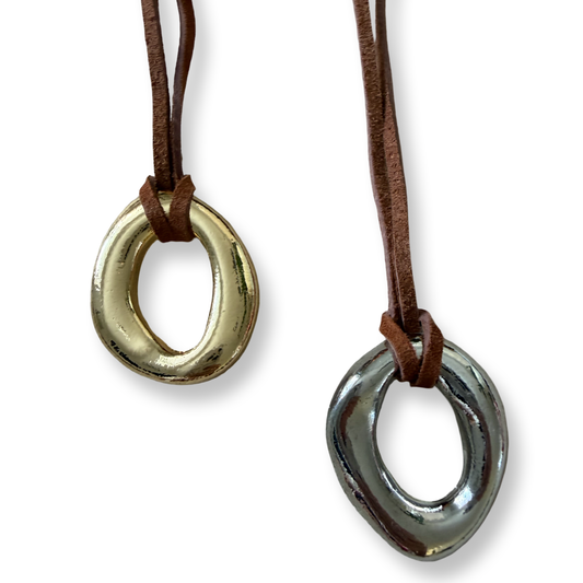 Gold and silver stainless steel faux leather cord pendant