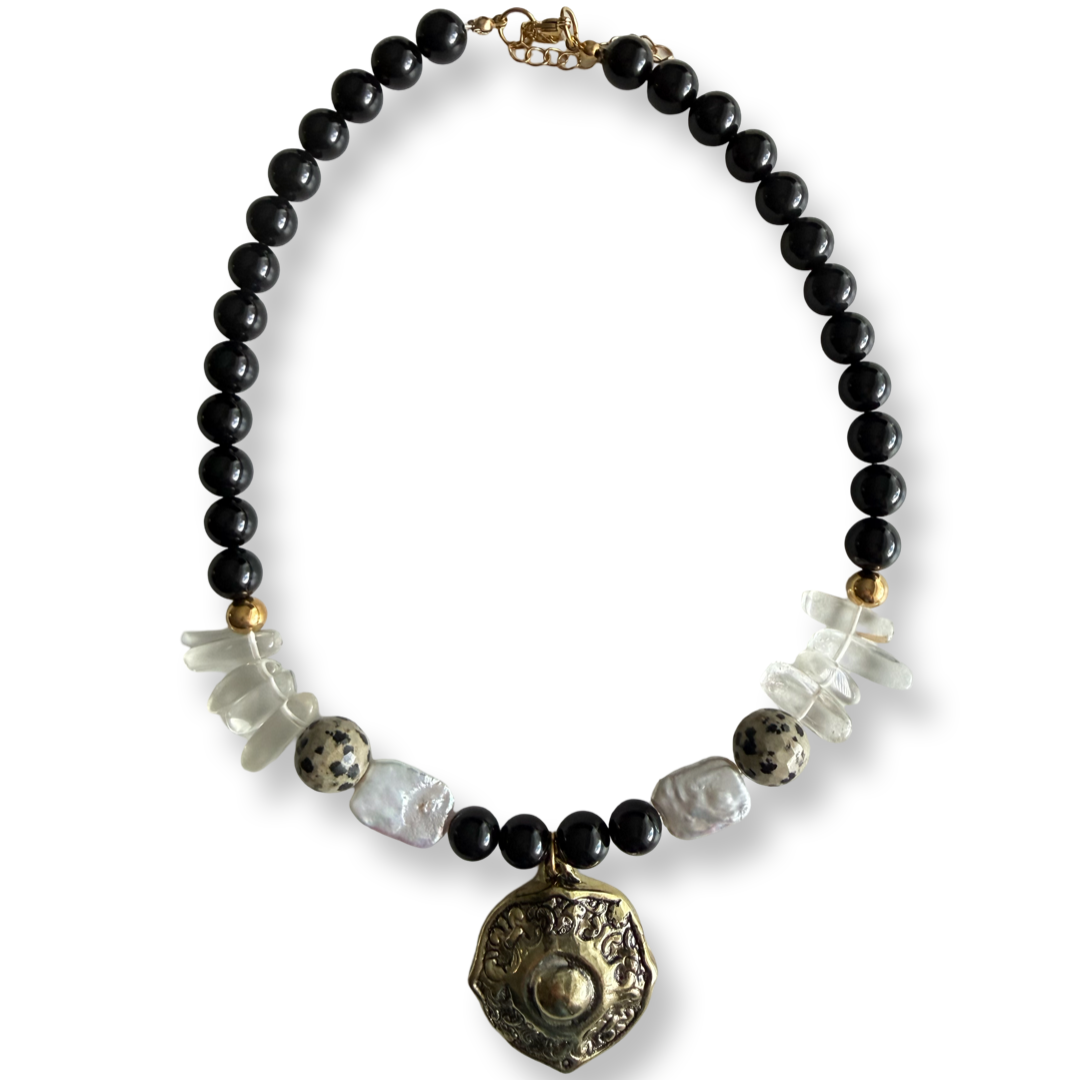 Black Agate & Buenos Aires Vintage Pendant Statement Necklace